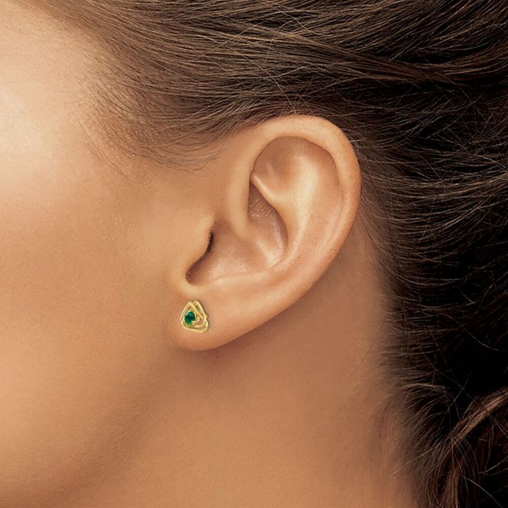 14k Yellow Gold Created Emerald Post Earrings - image 3